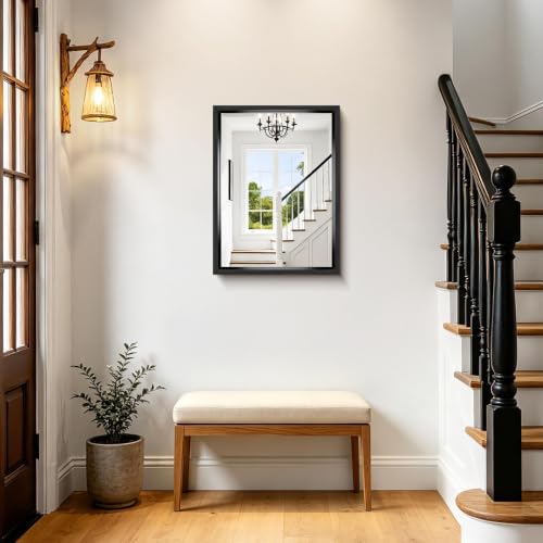 Image of Bathroom Mirror, 18 x 24 inch Brushed Black Metal Frame Rectangular Vanity Mirror, Wall Mounted Rectangle Mirror for Bedroom Living Room, Tempered Glass, Antirust, Horizontally or Vertically