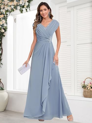 Long Chiffon Mother of The Bride Dresses for Women A Line V Neck Pleated Formal Wedding Guest Dress2
