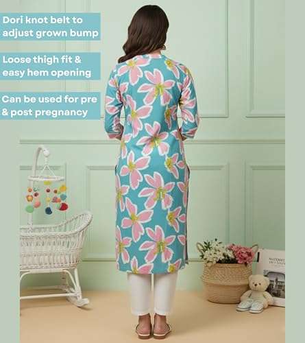 Image of DUMMY SHAPE Maternity Dresses for Women Cotton | Floral Kurta Pant Dupatta Set with Nursing Zippers, Side Pocket | Pre & Post Pregnancy | Feeding Kurti Suit | Baby Shower | Gifts for Pregnant Woman