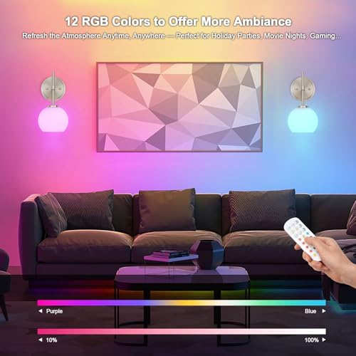 Image of Brushed Nickel Battery Operated Wall Sconce Set of 2, Wireless Rechargeable Sconces Wall Lighting with Remote Control, LED Wall Lights with Opal White Glass Shade, 12 Colors RGB & 3 CCT Bulb