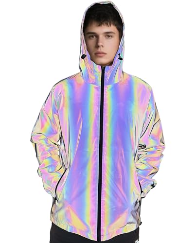 LZLRUN Rainbow Reflective Coat Fashion Hooded Windbreaker Rave Jacket for Men and Women (Large, Rainbow Reflective)