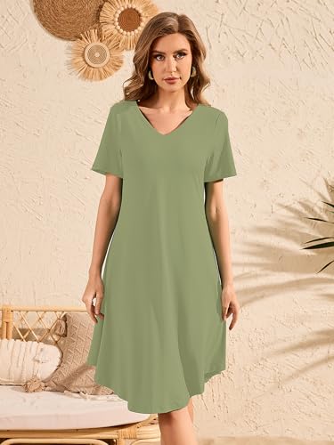 Image of DEARCASE Women's T Shirt Dress V-Neck Short Sleeve Spring Summer Casual Loose Flowy Swing Midi Tunic Dresses
