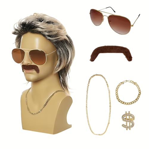 GADITIEK Disfarce dos anos 80 para homem, conjunto de 6 unidades, peruca Vokuhila para homem, acessórios dos anos 80, 70, 80, 90, disfarce de cafetão, discoteca, festa