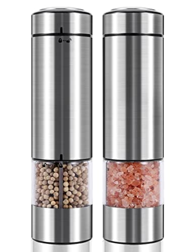 ImgResire Electric Salt and Pepper Grinder Set Battery Operated| Stainless Steel Auto Pepper Mill Grinder Refillable| One Hand Operation| 75ml Spice Container| LED Light| Adjustable Coarseness| 2 Pack