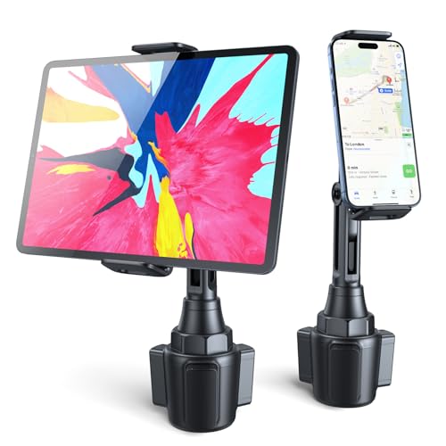 Ktryman Tablet Holder for Car, iPad & iPhone Car Mount Adjustable Height, Cup Holder Tab & Phone Holder for Car/Truck, Compatible with 4.7-13' iPad, iPhone, Cell Phone Travel Accessories