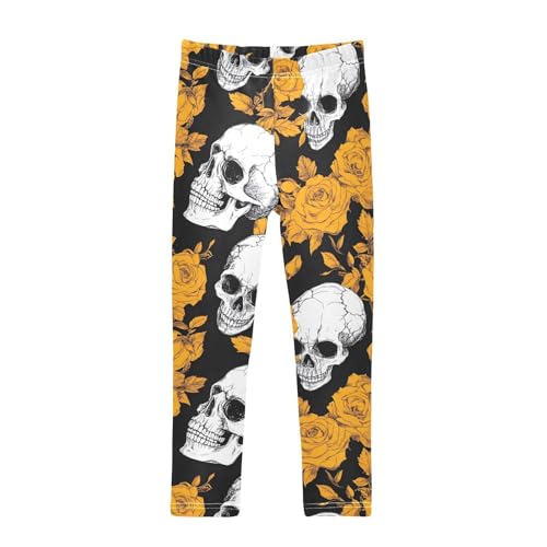 Human Skeleton Yellow Rose Girls Leggings Ultra Soft Compression Yoga Gym Pants for Kids 4-10T