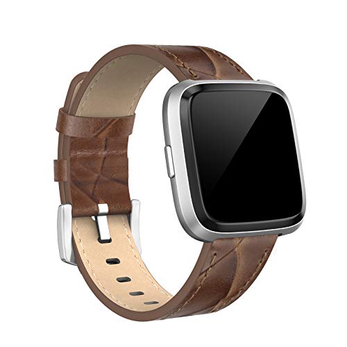 SWEES Leather Bands Compatible for Versa Small & Large, Genuine Leather Bands with Stainless Steel Buckle Strap Replacement Wristband Compatible for Versa Women Men, Brown