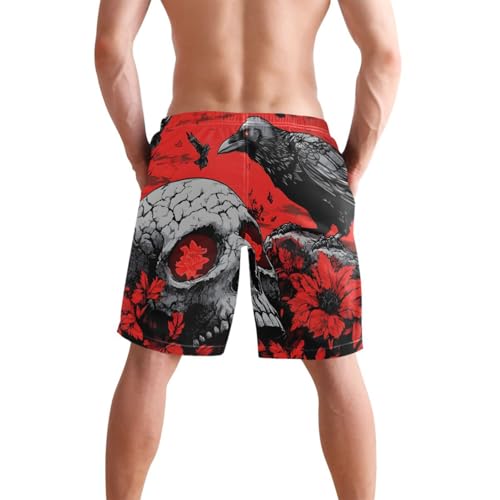 Men Swim Trunks-Gothic Skull Crow, Beach Shorts with Inner Lining Quick Dry Board Shorts S2