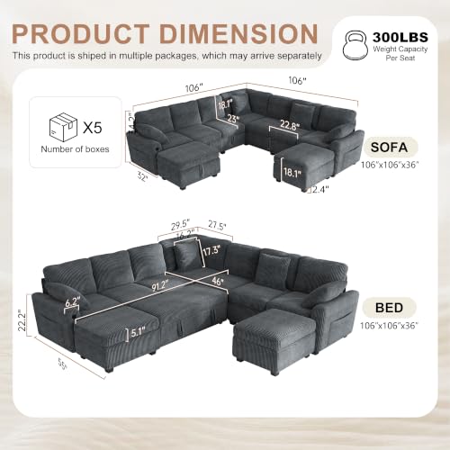 Image of Hanherry 106 inch Sectional Sofa with Pull Out Couch Bed,7 Seat Corduroy Sleeper Sofa with 2 Seat Storage & USB Charging,Storage Ottoman,Comfy Modular Couches for Living Room,Apartment