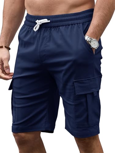 Tolaler Shorts Homme Ete Bermuda Casual Short Cargo Sport Taille Elastique Décontracté Travail avec Poches Running Randonnée Bleu Marine M