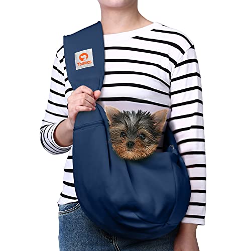 Image of Tomkas Small Dog Sling Carrier - Adjustable Strap & Zip Pocket - for 3-10 lbs Pets(Dark Blue)