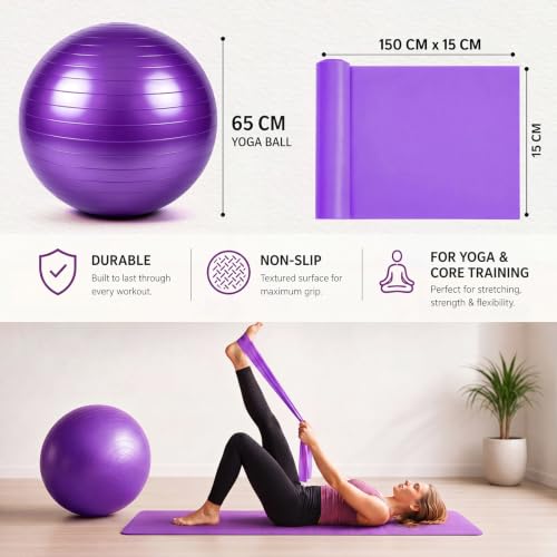 Image of Sotiff Pilates Kit 23-26 Inch Pilates Yoga Ball Exercise Balls and Resistance Band Set for Workout Pregnancy Stability 15-25lbs Anti-Burst with Foot Pump for Office, Home and Gym
