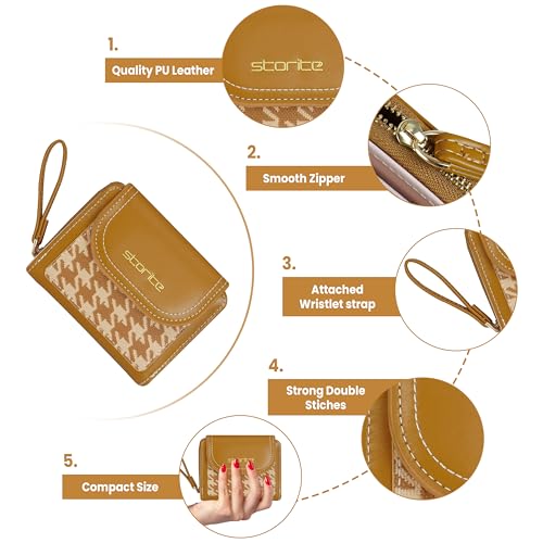 Image of Storite Women's Stylish Compact Leather Wallet 5 Card Slots,1 ID Window, Ladies Mini Purse Money Pocket with Zipper Closure (Brown - 11 x 9 x 3 Cm)
