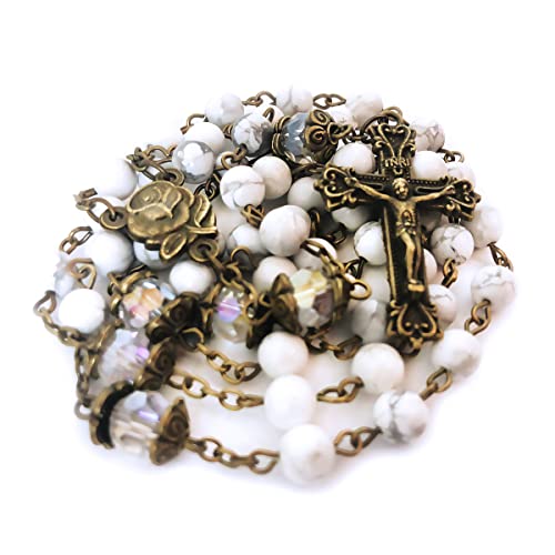 Our Lady of Lourdes White Howlite Stone Rosary Beads Catholic for Women and Rosary Bracelet for Women Set