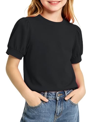 Image of Girls' Puff Sleeve Cotton T-Shirt Cute Summer Tops for Girls