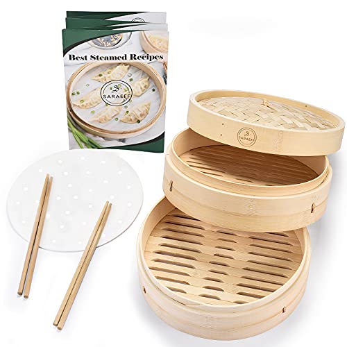 Handmade Natural Bamboo Steamer Basket 10 inch - Â Dumpling Steamer - Asian - Chinese Food - Bao Bun - Momo - Dim Sum Steamer - 10 Liners and 2 Chopsticks - Vegetable - Seafood Steamer Pot for Cooking