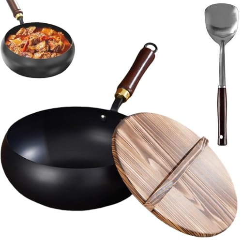 Suntuup Japanese Iron Pan, Uncoated Thick IronPot, Hand-Forged Non-stick Iron Pan Without Coating, Round Bottom with Wooden Lid and Shovel, Suitable for Induction Cooker Gas (9.45inch)