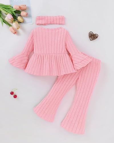 Image of SODLON Baby Girl Clothes Toddler Fall Winter Outfits Ruffle Long Sleeve Bow Top Flared Pants Set Bell Bottom Clothing 18M-5T