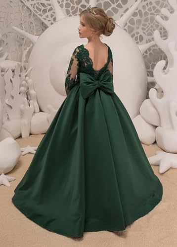 Long Sleeve Pageant Dresses for Girls Satin Lace Flower Girl Dress with Bow Kids Prom Ball Gown3