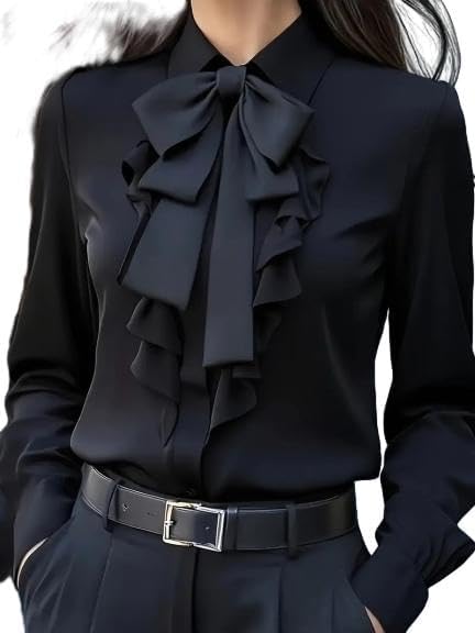OSCORP Womens Elegant Bow Tie Blouse, Lapel Collar Long Sleeve Ruffle Front Button Down Office Work Dressy Shirts