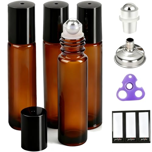 PrettyCare 4 Pack 10 ml Amber Glass Roller Bottles for...