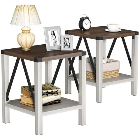 Treocho Farmhouse End Table Set of 2, Rustic Vintage Nightstand Side Table with Shelf for Living Room, Bedroom, Antique White & Brown Cover
