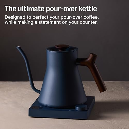 Image of Fellow Stagg EKG Pro Electric Gooseneck Kettle for Pour-Over Coffee & Tea | Precise Temp Control, Quick Heating, Stainless Steel, Brew Timer, Scheduling, Walnut Handle, Stone Blue, 0.9 Liter
