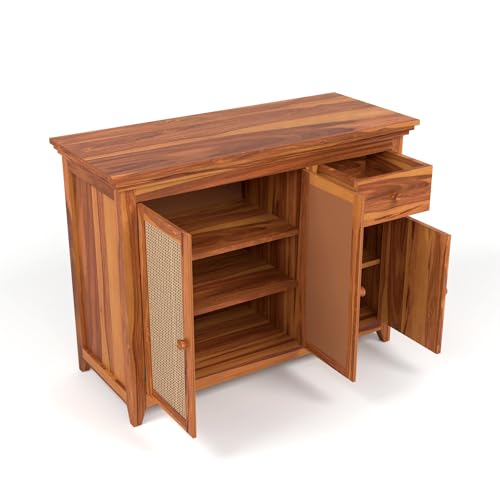 Image of PS DECOR Solid Sheesham Wood Sideboard Cabinet with Rattan Cane Doors & Storage Drawer | Multipurpose Storage Unit for Living Room & Dining Area (B-Natural Finish)