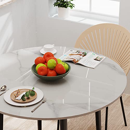 Kitchen Dining Table Round 80CM: Modern Sintered Stone Marble Effect Table Top with Tapered Metal Legs Breakfast Banquet Table for Dining Room, Restaurant, Living Room Furniture, 76cm Height, White