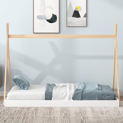 VeroFree Twin Size Tent Floor Bed with Triangle Structure White Natural Wood, Stylish Cozy Kids Bedroom for Boys Girls (White + Natural)