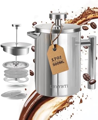 LRYYBTI French Press Coffee Maker, Stainless Steel, Silver, 17 OZ