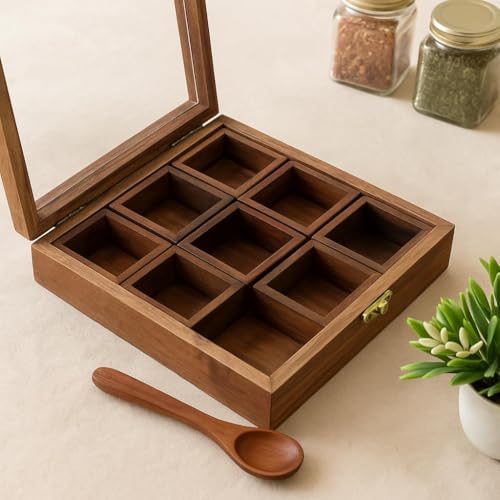 Image of THEHEARTWILL Sheesham Wooden Spice Box with 2 Spoons | Wooden Masala Box for Kitchen with Removable Partitions | Spice Box Wooden Namak Dani | Wood Masala Dabba Dani Container, Brown. (Masala dabba)