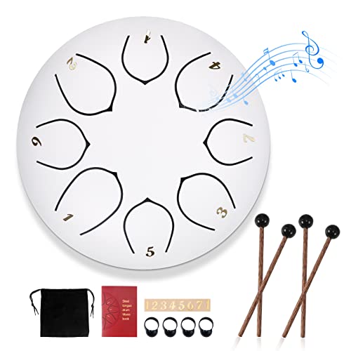 DEECOZY Slotted Drums, Steel Tongue Drum, 6 Inch 8 Tone D Key, Handpan Drum with Drumsticks, Bag, Finger Cover, Percussion Instrument for Musical Training Concert Mind Healing, White