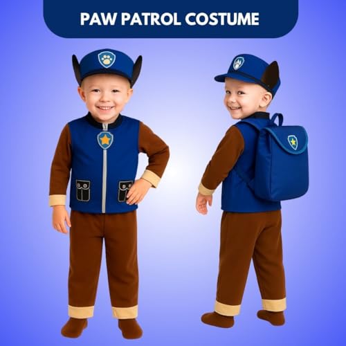 Image of WANNA PARTY Cute Cartoon Paw Chase Marshall Costume with blue backback for Boys for Birthday Outfit,Halloween, Pretend Play Costume Dress for Boys.Size-3 to 5 years