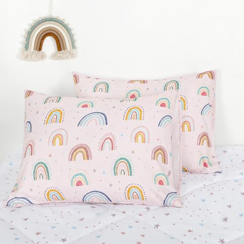 Image of Twin Size Toddler Bedding Set for Girls 5 Piece Toddler Girl Bedding, Super Soft Toddler Comforter Set Includes Comforter, Flat Sheet, Fitted Sheet, Pillowcase (Pink Cute Rainbow)