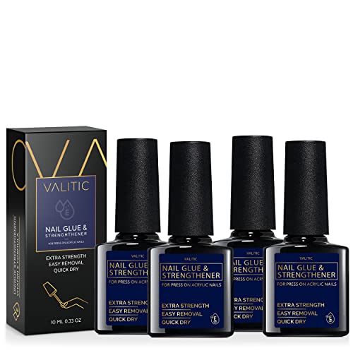 Valitic Strong Nail Glue and Strengthener for Acrylic and Press On Nails - Quick Dry Brush On Gel for Long Lasting Effect - Adhesive Nail Bond for False Nails with Tips Strengthener - 4 Pack
