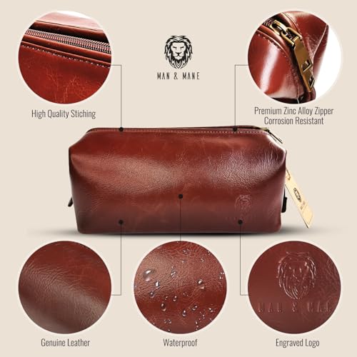 MAN & MANE Premium Leather Toiletry Bag for Men & Women – Classic Dopp Kit Travel Shaving Bag (Cognac Brown)3