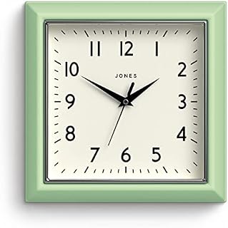 Jones Clocks® Mustard Square Retro Wall Clock Modern Colour Design Perfect as a Kitchen Clock, Living Room Wall Clock or Office Clock with Easy to Read Numbers 25cm (Black)