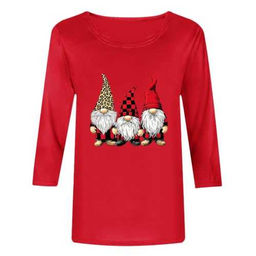 Christmas Tops for Women Gnome Print Crew Neck Cozy Holiday Red 2X | Gnome Print, Crew Neck, Three Quarter Sleeve, Loose Fit, Cozy Winter, Polyester Blend - image 4