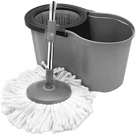 OurHouse Essentials Spin Mop and Bucket Set, Spin Mop Rotates 360 Degrees for Corners and Hard to Reach Places, 360 Degree Wringer System to Dry Mop, Remove Stubborn Stains and Marks on Hard Floors Cover