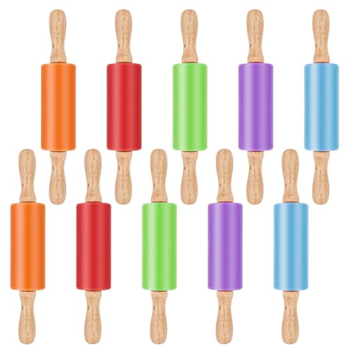Lot de 10 Mini Rouleaux à Pâtisserie en Silicone 23 cm, Rouleaux Antiadhésifs avec Poignée en Bois pour Cuisine Pâte, Pizza (5 Couleurs)