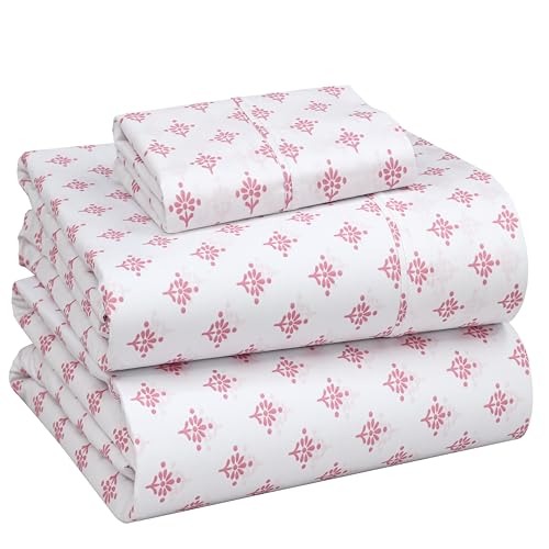 Image of RUVANTI 100% Cotton Percale Sheets Twin Size, Block Print Motif | Crisp Cooling for Hot Sleepers, Deep Pocket 16 inch, Soft Breathable & Durable, Hotel-Style 3 Piece Set