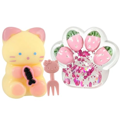 2 Pcs Yellow Kitten and Strawberry Cat Paw Shape Mini Squeeze Toy Set Deal