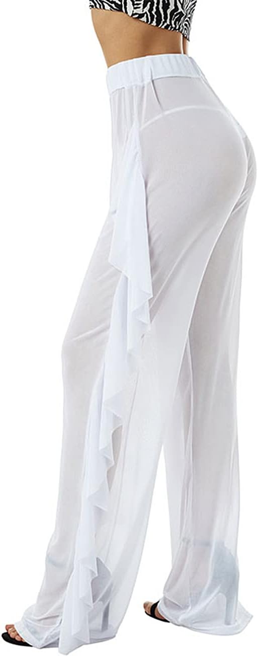 Yoawdats Women's Perspective Sheer Mesh Ruffle Pants Swimsuit Bikini Bottom Cover up Pants, Womens Swimsuit Cover ups