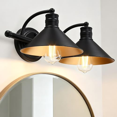Image of 2 Light Bathroom Vanity Light Over Mirror - Black and Gold Farmhouse Wall Light for Bathroom Vanity Powder Room, Rustic Gooseneck Barn Style 2 Bulb Wall Sconce Over Kitchen Sink