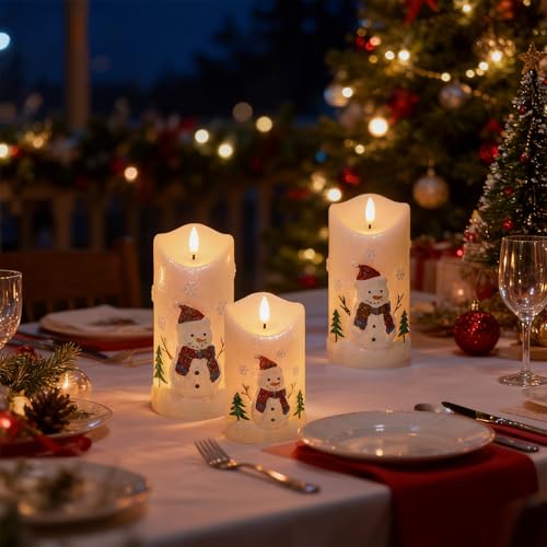 Image of Wondise Christmas Snowman Flameless Candles, Real Wax Battery Operated with Remote Timer, Glitter White Snowman LED 3D Wick Flickering Pillar Candles for Christmas Decor
