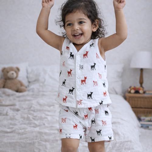 Image of The Boo Boo Club Muslin Jhabla and Short Set 100% GOTS Certified Organic Cotton | Sleeveless Button Vest | Summer Wear Set