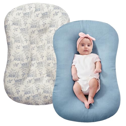 Image of FUNUPUP Muslin Baby Lounger Cover Only, Blueberries & Blue | 100% Muslin Cotton Soft Breathable Easy On /Off Envelope Closure Machine Washable Easy-Clean Protector Neutral Colors