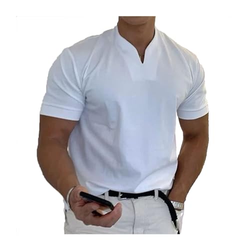 2024 New Men Gentlemans Business Short Sleeve Fitness T Shirt,Summer Solid Color V-Neck Short Sleeve Gym T-Shirt Shirts (white,XX-Large)
