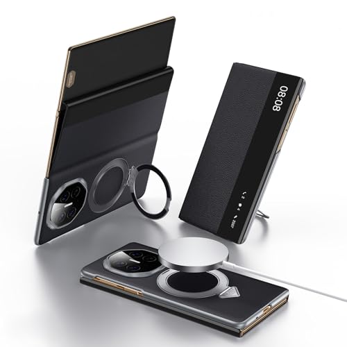 Compatible with Huawei Mate XT Case Smart Clear View Case[Compatible with Mag-Safe][with Adjustable Ring Stand] Slim Genuine Leather Wallet Flip Case Protective Shockproof for Women Men(Black)